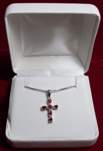 Garnet Stone Cross Pendant on 18 inch Sterling Silver Box Chain