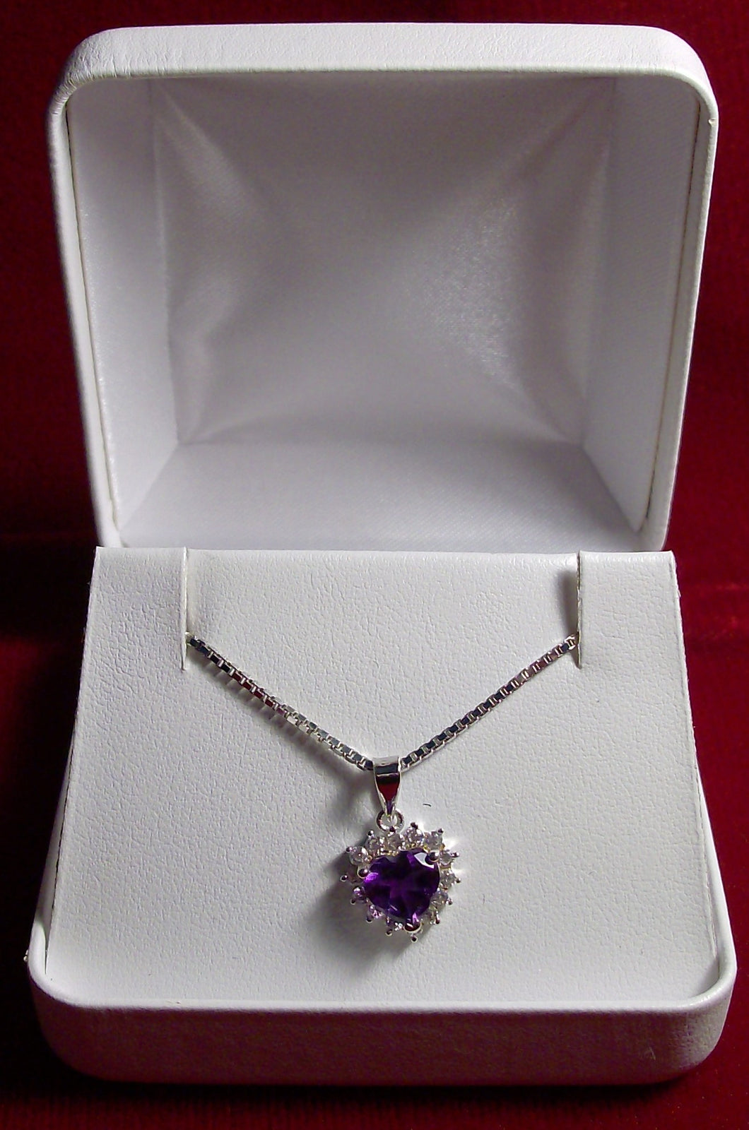 Amethyst Stone Heart Pendant on 18 inch Sterling Silver Box Chain