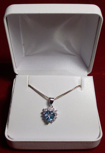 Blue Topaz Stone Heart Pendant on 18 inch Sterling Silver Box Chain