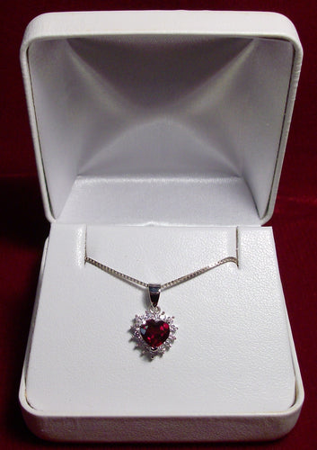 Garnet Stone Heart Pendant on 18 inch Sterling Silver Box Chain