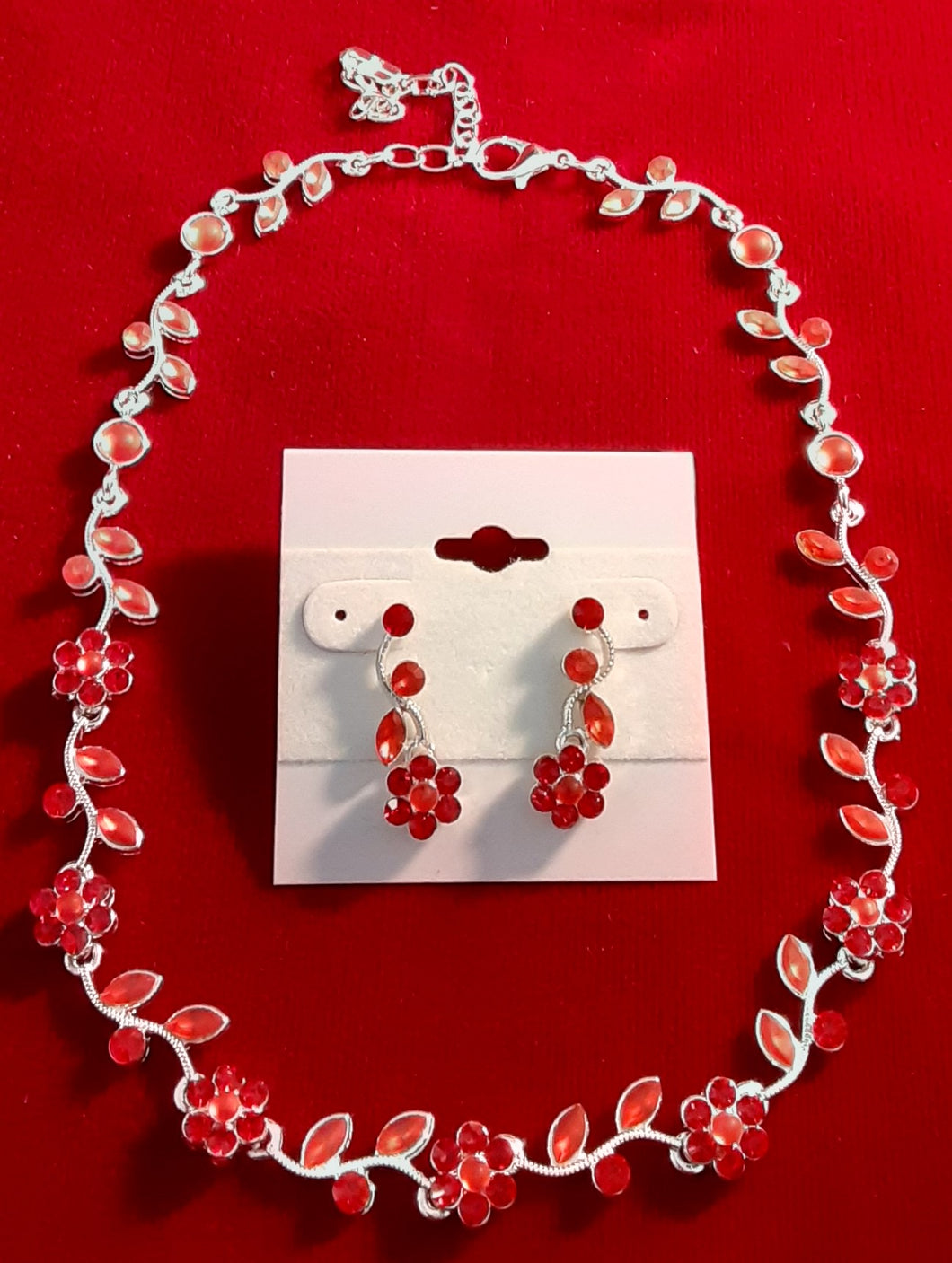 Ruby Red Rhinestone Necklace and Earring set